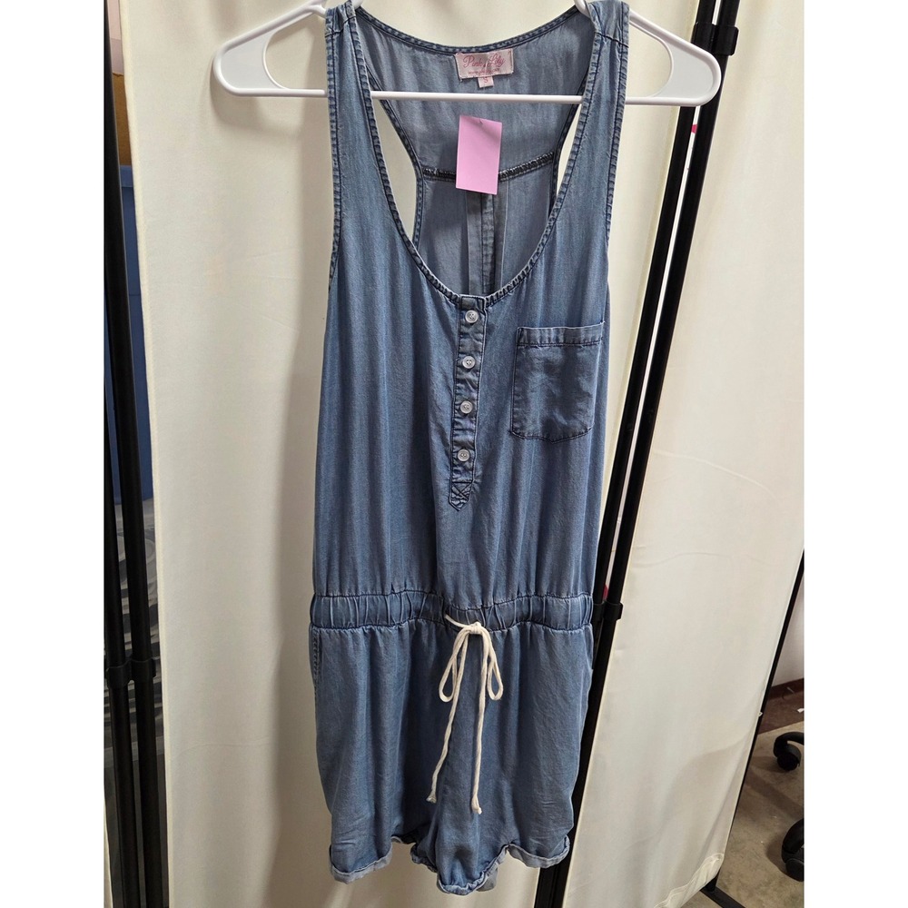 Pink Lily Womens Blue Chambray Sleeveless Henley Romper Pockets Small